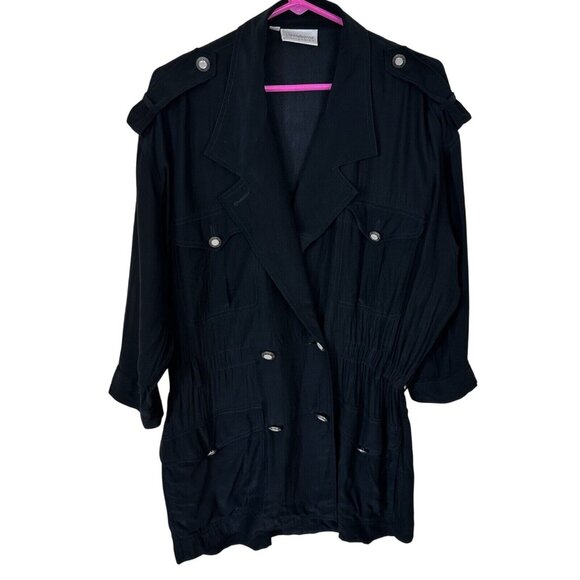 Vintage Liz Claiborne Womens Black Silk 1990s Gold Button Blazer Jacket Medium - Picture 1 of 8